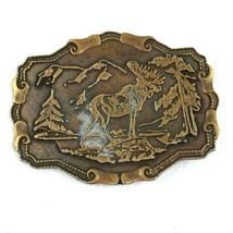 Vintage Moose Hunting Belt Buckle Mountain Forrest Trees Brass tone Metal RARE - £15.84 GBP