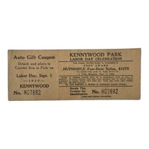 Vintage Kennywood Park Hupmobile Auto Gift Coupon Labor Day 1930 Pittsburgh PA - £25.42 GBP