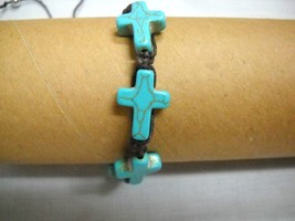 TURQUOISE BLUE HOWLITE 4 CROSS on CHOCOLATE BROWN MACRAME ADJ BRACELET O... - $91.40 MXN