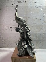 Silver Resin Long Tailed Peacock Standing on Perch Figure Glitter Silver Peafowl - £30.89 GBP