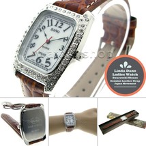 Linda Dano Silver Color Square Women Wristwatch Stones Bezel Leather Strap WL19B - £20.36 GBP