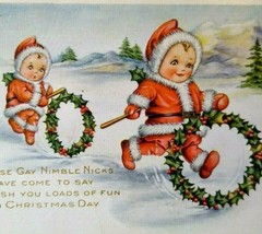 Christmas Postcard Children Rolling Xmas Wreaths Santa Claus Suits Whitney 1918 - £9.91 GBP