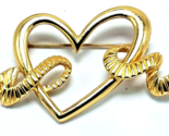 MONET Heart Ribbon Brooch Gold Tone Smooth Textured Ribbon Signed 2 3/4&quot;... - $7.87