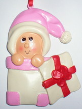 Baby Girl First Christmas Tree Ornament Peeking Out Of Box  Unique Gift Pink Hat - £11.89 GBP