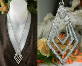 Vintage Diamond Shaped Pendant Necklace Geometric Concentric Silver - $19.95