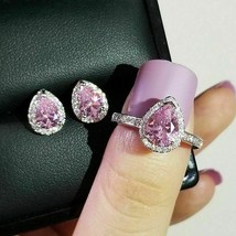 4.70Ct Birne Schnitt Rosa Diamant Verlobungsring Ohrringe Set 14K Weiß Gold Lack - £125.31 GBP