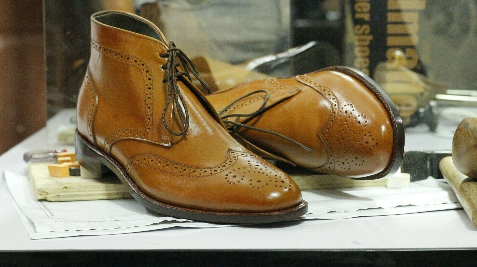 Handmade Men's Tan Brown Leather Wing Tip Brogue Lace Up Boots, Men Ankle Boots