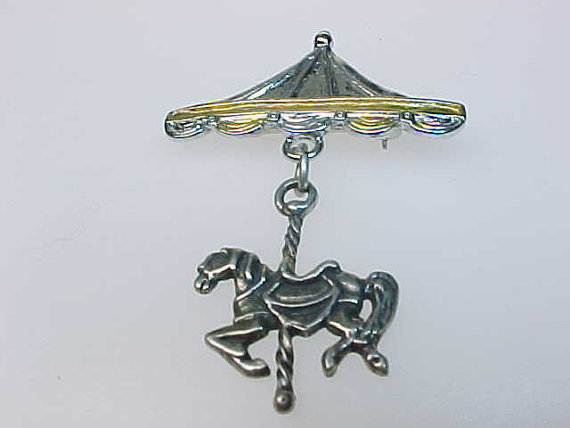 Primary image for CAROUSEL Horse Vintage BROOCH Pin in STERLING Silver - 1 3/4 inches long
