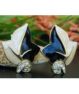 Vintage Trifari TM Leaf Earrings Black Cream Enamel Rhinestones Clip - $25.95