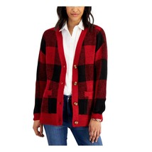 Style &amp; Co Womens Chunky Boyfriend Cardigan Sweater Buffalo Plaid Red PL - $24.01