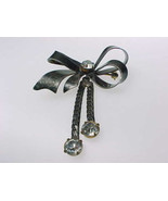 STERLING Silver Vintage Ribbon BROOCH Pin with Dangling Rhinestones - 2 1/2 " - £43.10 GBP