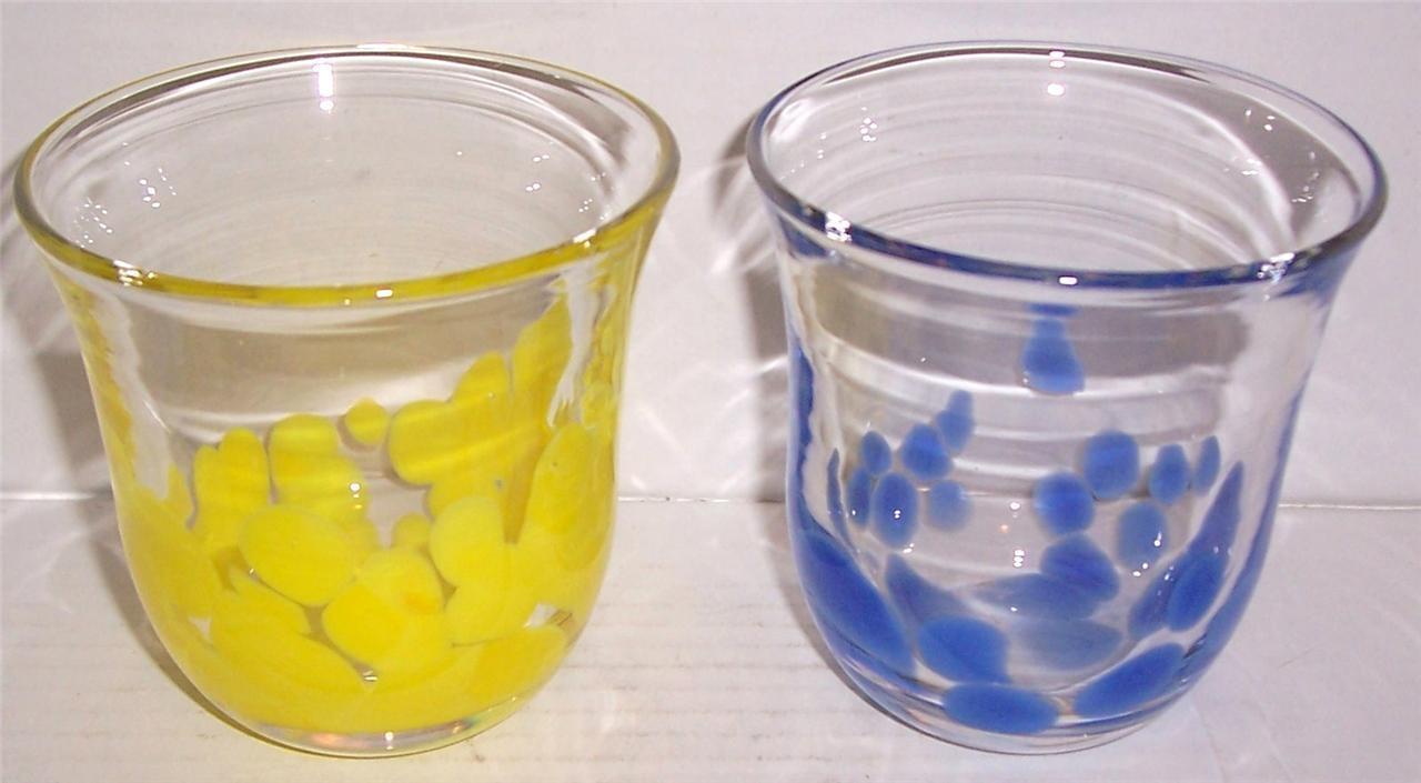 (2) Murano Style Yellow &amp;  Blue Handblown Splatter Stone Glass Displays - $133.15