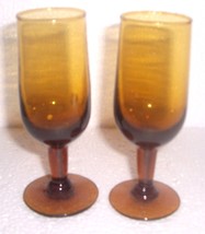 (2) Vintage Amber Handblown Stem Short Glasses - £19.24 GBP