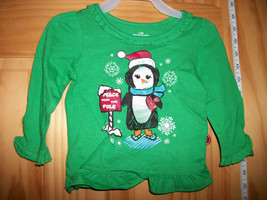 Fashion Holiday Baby Clothes 12M Green Penguin Shirt Christmas Pole Peac... - $4.74