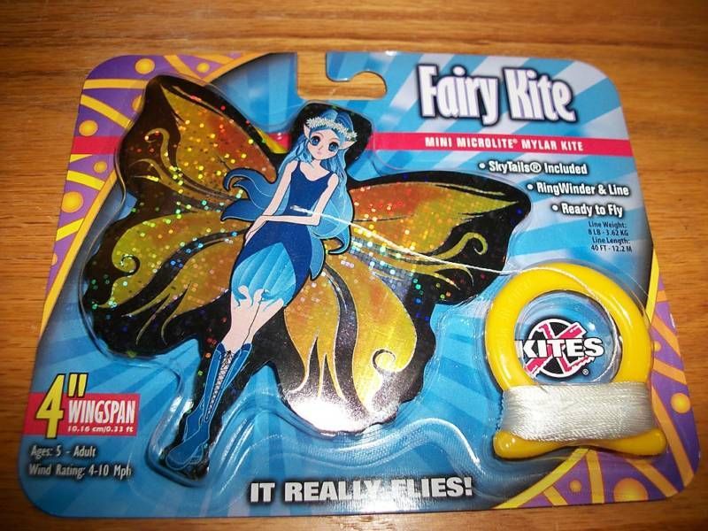 Toy Gift Fairy Kite Mini Microlite Mylar SkyTails Yellow Wing Pixie Blue... - $6.64