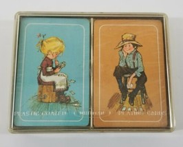 Vintage Whitman Plastic Coated Playing Cards Double Deck Man Woman on Stool - £14.76 GBP