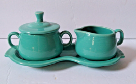 Vintage Fiestaware Turquoise Creamer &amp; Covered Sugar Bowl On Tray HLC - £18.37 GBP