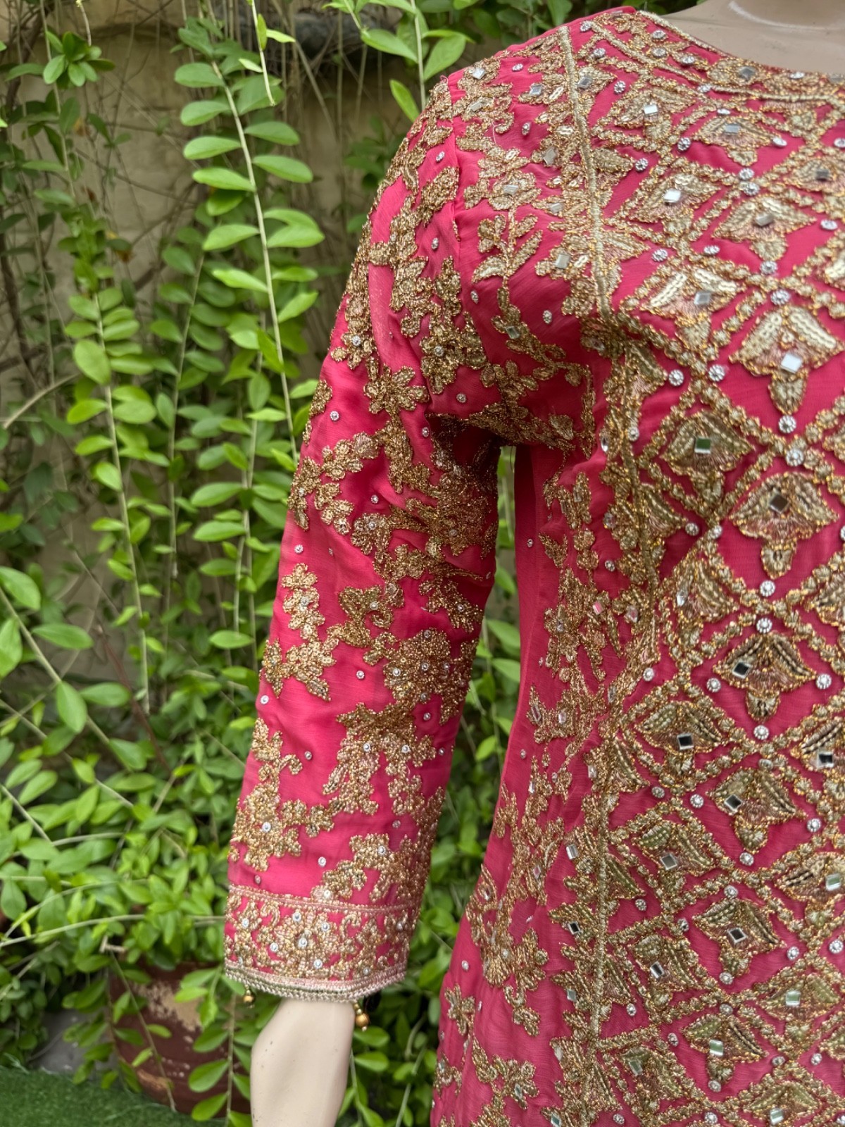 Pakistani Coral Pink Straight Style Embroidered Sequins Chiffon Gharara Dress,M Item image 7