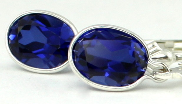 SE001, 8x6mm Created Blue Sapphire, 925 Sterling Silver Leverback Earrings