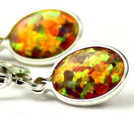 SE001, 8x6mm Created Red-Brown Opal, 925 Sterling Silver Leverback Earrings