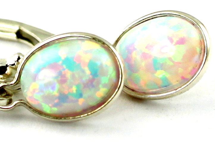 SE001, 8x6mm Created White Opal, 925 Sterling Silver Leverback Earrings