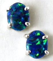 SE002C, 8x6mm Created Blue/Green Opal, 925 Sterling Silver Post Earrings - $38.33