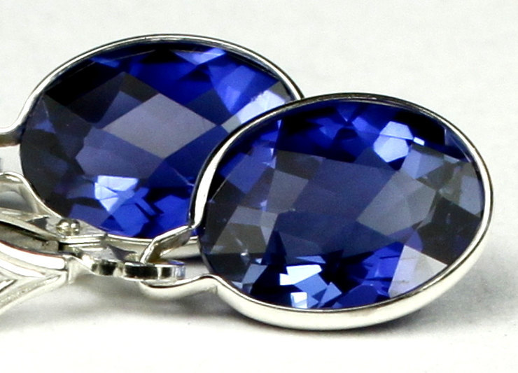 SE101, 10x8mm Created Blue Sapphire, 925 Sterling Silver Leverback Earrings