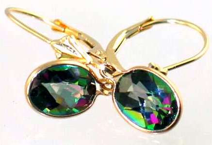 E001, 8x6mm Mystic Fire Topaz, 14KY Gold Leverback Earrings