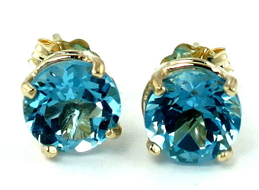 E012, 6mm round Swiss Blue Topaz, 14KY Gold Post Earrings