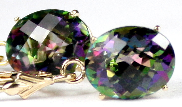 E107, 10x8mm Mystic Fire Topaz, 14KY Leverback Earrings