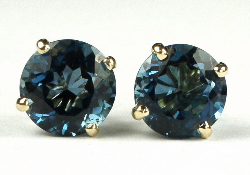 E112, 8mm round London Blue Topaz, 14KY Gold Post Earrings