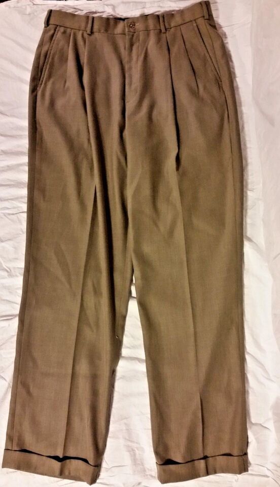 PERRY ELLIS BROWN PLEATED WORK FORMAL WEAR CUFFED HEM MEN&#39;S DRESS PANTS ... - $20.20