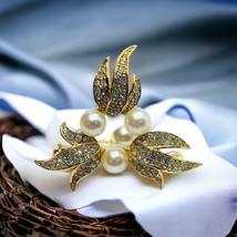 Vintage Gold Tone Pearl Rhinestone Brooch signed A&amp;S - £25.89 GBP