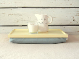 Laptop Lap Desk or Breakfast serving Tray - L size- Pastel Yellow with Grey Linn - £47.96 GBP