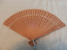 Lovely vintage light brown wood folding fan with white ribbon and tassel... - $12.00
