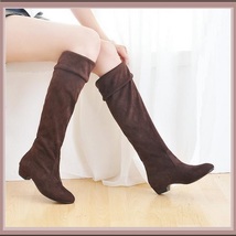 Turn Down Low Heel Knee High Faux Suede Leather Pointed Toe Boots in 4 Colors image 3