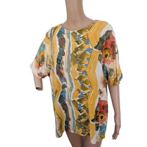 80s Vintage Yellow Print Blouse Casual Rayon Short Sleeve Top L - £9.38 GBP