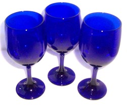 (3) COBALT BLUE LIBBEY DINING GLASS GOBLETS HANDBLOWN - $90.00