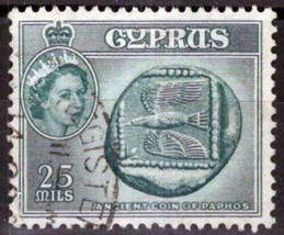 ZAYIX - 1958 Cyprus 174 used 25pi aqua Coin of Paphos - QE II 020123-S23M - £1.17 GBP
