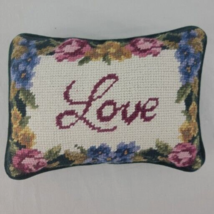 Floral Needlepoint Pillow Velvet LOVE Blue Pink Rose Small Accent 6”X8.5&quot; Vtg - £14.39 GBP