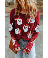 Red Sequin Santa Claus Graphic Textured Long Sleeve Top - $291.21 MXN
