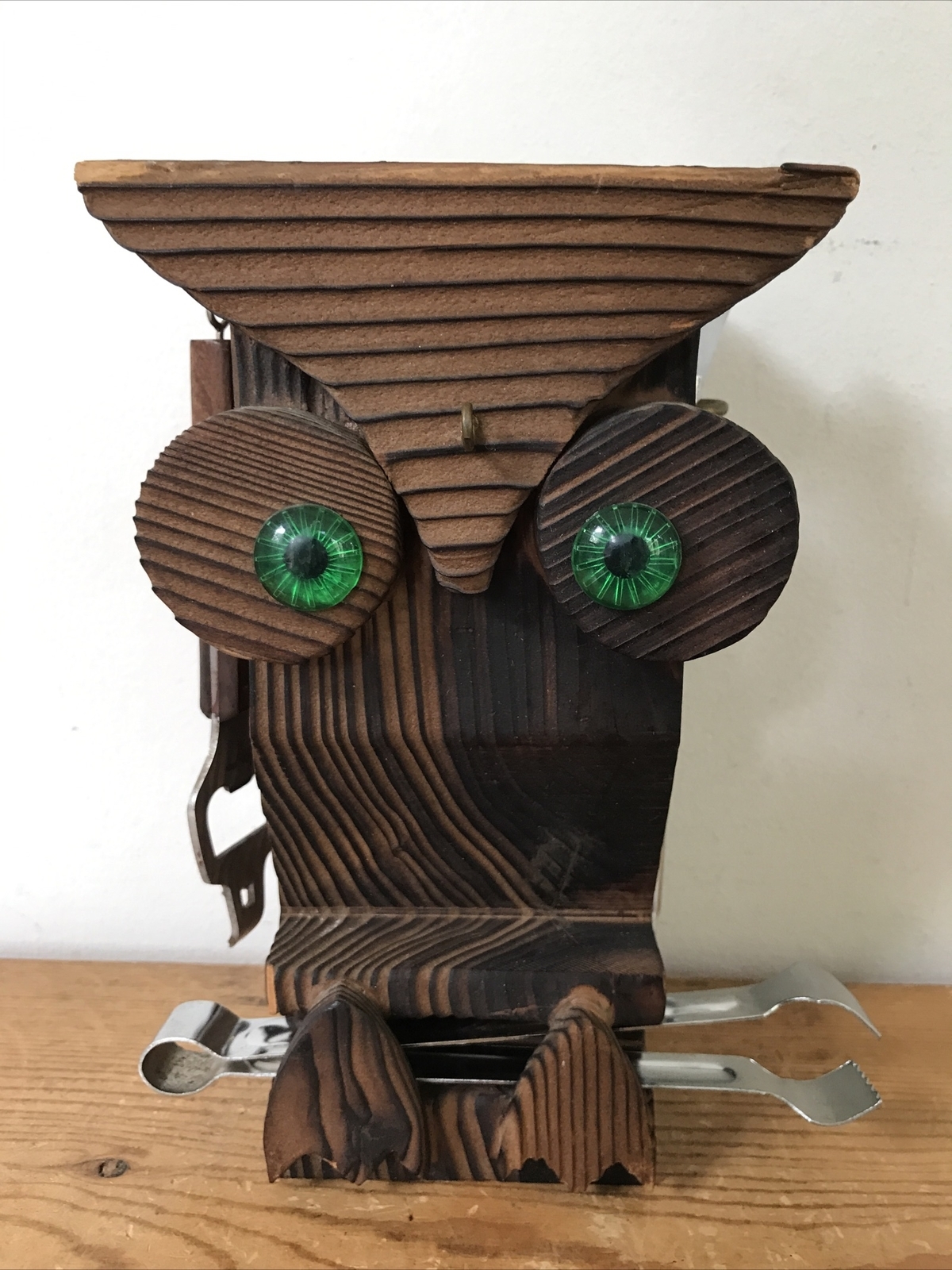 Vintage 70s Handmade Raised Grain Wood Owl Cocktail Bar Tool Caddy Set H... - £59.57 GBP