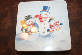 Vintage Snowman Winter Scene Blue Square Tin - $3.99