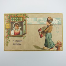 Postcard Birthday Greeting Antique Dutch Boy Plays Accordion Dutch Girl Window - £7.91 GBP