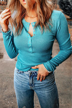 Sky Blue Waffle Knit Long Sleeve Buttoned Henley Top - £20.54 GBP