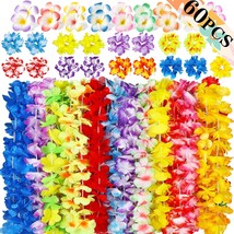 60Pcs Hawaiian Luau Leis Party Decorations Supplies Set - Tropical Tiki Flowers  - $28.99