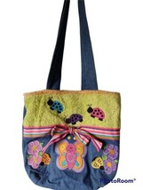 Handmade Denim Terry Cloth Tote Purse Butterflies Flower Ladybug Bow Emb... - $18.80