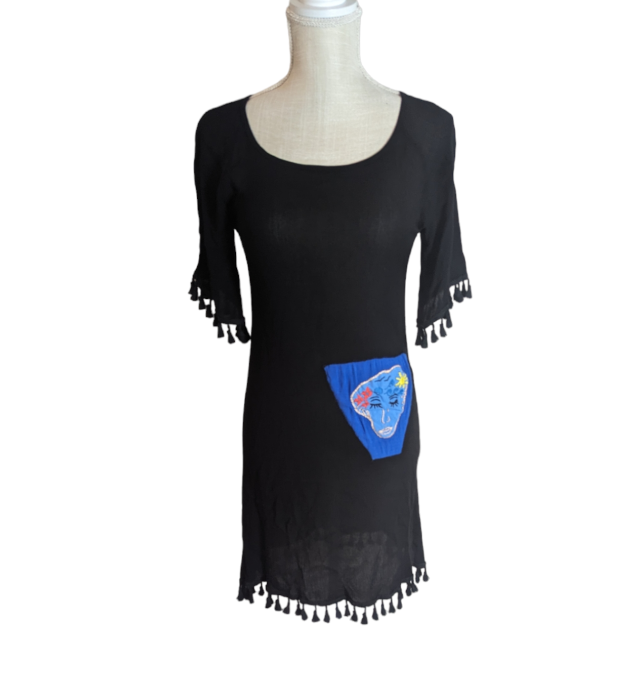 Primary image for Womens Black Artisan Design Pom Pom Fringe Boho Open Back Dress Sz Small