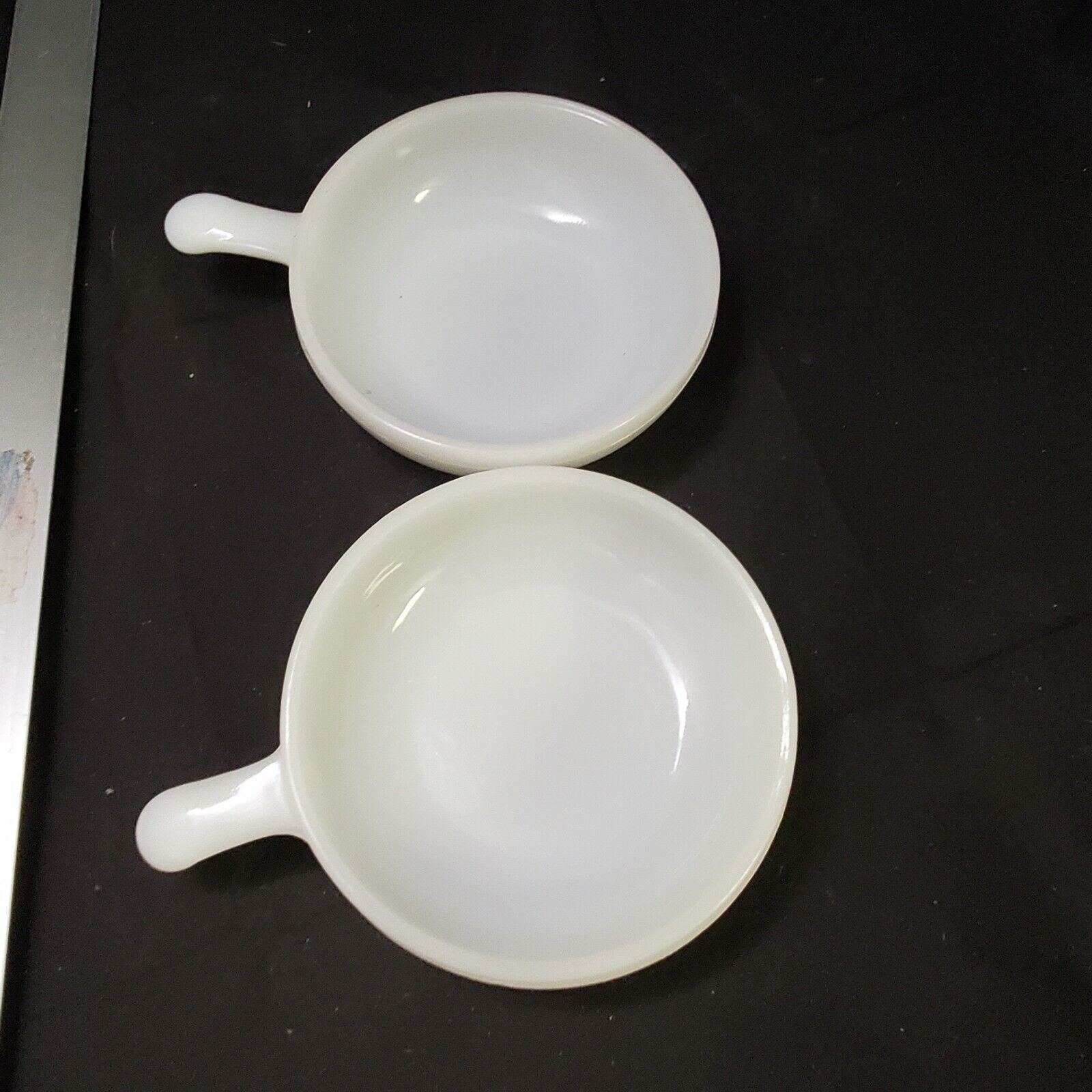 Vintage Set of 2 Glasbake White Handled Bowls Textured Milk Lug Handle - $13.30