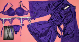 Victoria&#39;s Secret 32B,34C BOMBSHELL BRA SET+garter+ROBE neon Purple SHIN... - $217.79
